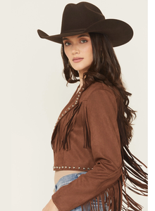 Genuine Suede Leather Fringe <b>Jacket</b> <b>Women</b> Brown Studded Cropped Notch Lapel Open Front Western Cowgirl Coat Real Suede Boho - Product Image 4