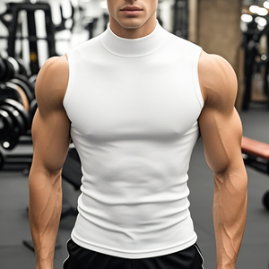 Men's Sleeveless <b>Turtleneck</b> Compression Top Slim Fit Quick Dry Solid <b>Black</b> Sporty Gym Activewear Knitted Polyester - Product Image 3
