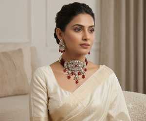 Luxury Multi Color Polki Kundan Pearl <b>Choker</b> Necklace Set with American Diamond Antique <b>Silver</b> Bridal Wedding Party Wear Jewelry - Product Image 3