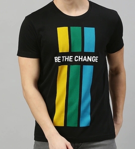 T-shirt à manches courtes noir pour homme, imprimé avec un motif géométrique, logo sur le devant, vêtement décontracté d'été, 100% coton, respectueux de l'environnement - Product Image 1