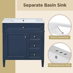 Mobile bagno moderno da 30 pollici con lavabo singolo integrato e 2 cassetti contenitore - Product Image 6