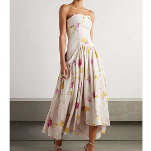 Robe midi personnalisée OEM à imprimé floral, sans manches, bretelles spaghetti, coupe trapèze, en lin et coton, pour l'été, respirante et plissée - Product Image 1