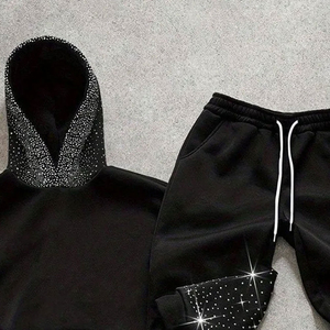 Survêtement noir à capuche 2-en-1 respirant pour femme, manches longues, imprimé à pois avec strass, cordon de serrage, sweat-shirt décontracté avec poches latérales, hiver - Product Image 2