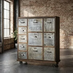 Industrial Wooden Iron Cabinet <b>on</b> <b>Wheels</b> Vintage Rolling Storage <b>Chest</b> 11 <b>Drawer</b> Rustic Metal Filing Organizer Furniture - Product Image 5