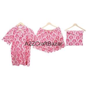 Ensemble de pyjama décontracté en coton pur 100% imprimé à la main, style kangourou, manches courtes, col en V, coupe trapèze, avec poches, doux et respirant - Product Image 4