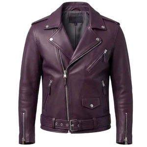 Chaqueta de Motociclista de Cuero Genuino para Hombre, Color Morado, Corte Ajustado, Estilo Casual, con Cierre, Ligera, con Cinturón y Bolsillos - Product Image 1