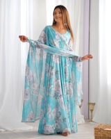 Robe Anarkali évasée en faux georgette florale pure de 7 mètres avec doublure en micro-coton et châle dupatta à bordure en dentelle pour femmes