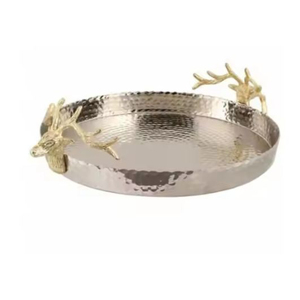 Wholesale <b>Silver</b> Metal Serving <b>Tray</b> With Gold Floral Design Handle Table Centerpiece Food Serving <b>Tray</b> & Platter For Kitchen Use - Product Image 2
