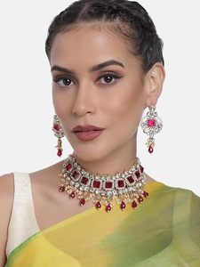 Conjunto de Collar, Pendientes y Diadema con Diseño de Flores Chapadas en Oro de 24K, Borlas de Perlas de Imitación, Piedras Rojas, Joyería para Mujer - Product Image 4