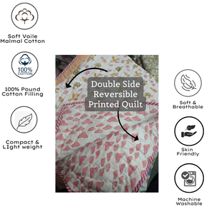 Premium Jaipur Hand Block Print Floral Baby Quilt Cotton Machine Washable <b>Light</b> weight Reversible Nursery Travel Gifting Use - Product Image 3