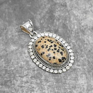 Collier artisanal vintage en argent sterling 925 plaqué, avec pendentif ovale en jaspe dalmatien naturel, perles et pierres précieuses, le plus vendu - Product Image 6