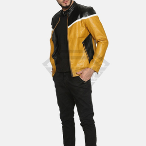 Premium Custom Mens Faux Leather <b>Jacket</b> <b>Yellow</b> Black Biker Moto Style Slim Fit Fashion Streetwear Coat Wholesale Manufacturer - Product Image 5