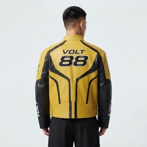 Mens Yellow Black Leather <b>Racing</b> <b>Jacket</b> Volt 88 Graphic Printed Speed Biker Moto Track Apparel Darkry High Streetwear Coat - Product Image 2