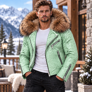 <b>Men's</b> Stylish Python Leather Jacket with Fox Fur Hood Motorcycle Biker Fashion <b>Coat</b> | Herren Lederjacke | Chaqueta Hombre Cuero - Product Image 4