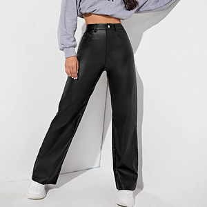 2026 Womens Elastic Waist Mid Pockets Boot Cut <b>Leather</b> <b>Look</b> Eco-Friendly Formal <b>Jeans</b> Side Stripe High Quality Winter Washed - Product Image 6