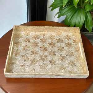 ถาดเสิร์ฟเปลือกหอยมุกเคลือบแลคเกอร์ ถาดไม้ตกแต่งฝังมุก ถาดออตโตมันมีหูจับ - Product Image 1