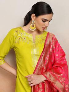 Lime Green Silk Blend Quick Dry Digital Print <b>Kurta</b> Set Red Dupatta Traditional Indian <b>Women</b> Casual Wear Knee-Length Regular Fit - Product Image 4