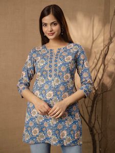 Indian Casual and Daily Wear Cotton Material Short Kurtis Style Tunic Collections for Office and Daily Wear Digital Print <b>Top</b> - Product Image 1