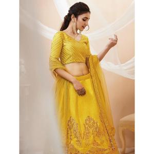 ชุดเดรสผ้าไหมสีเหลืองสวยงามชุดเดรส lehenga choli ขนาด dupatta XS ประดับด้วยเลื่อม - Product Image 3