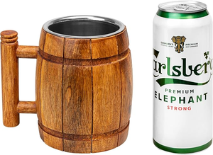 Chope à bière artisanale en bois avec tasse en acier inoxydable, mug vintage avec poignée, chope à bière pour bar à domicile, fête ou festival - Product Image 6