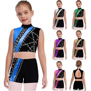 Costume de danse lyrique pour filles de 6 à 16 ans, haut court métallisé avec short, pour cours de danse, spectacles et compétitions - Product Image 1