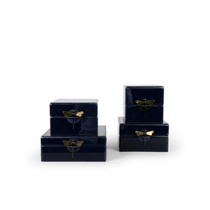 Modern Navy Blue Glass Decorative Box Set with Metallic Dragonfly Handle |Luxury Jewelry Organizer Cases for <b>Vanity</b> & Home Decor - Product Image 1