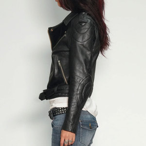 Black Leather Jacket Women Shiny Zipper Fashion OEM Pockets Customized Wholesale Genuine Leather Motorbike Jacket - Product Image 3