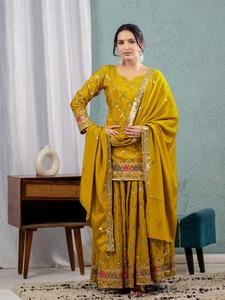 Ensemble haut, palazzo et dupatta en soie de chiffon avec broderie de sequins 5 mm, style ethnique régional, accessoires vestimentaires MW 5017 - Product Image 4