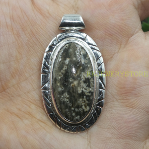 925 Sterling Silver Ocean Jasper Oval Pendant Handmade Natural Gemstone Jewelry Vintage Pattern <b>Statement</b> <b>Necklace</b> Charm Gift - Product Image 4