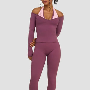 210 Gsm Custom Lightweight Off Shoulder Ribbed Material Women's Athletic Activewear Yoga <b>Long</b> Sleeve Thumb Hole Shirt - Product Image 3