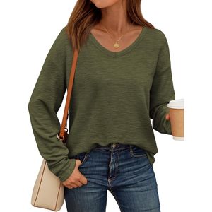 2025 2025 femmes à manches longues surdimensionné col en v t-shirts basique décontracté hauts pullover léger coton basique t-shirts - Product Image 4