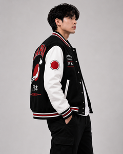 Japan Tokyo Varsity <b>Jacket</b> Country Flag Patch Black White Contrast Sleeve Letterman Custom Wholesale - Product Image 4