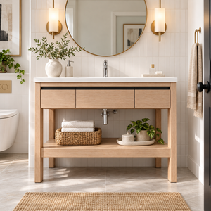 Meuble de salle de bain moderne en bois massif, meuble-lavabo sur pied, unité de rangement en bois, mobilier en gros pour hôtels et appartements - Product Image 4