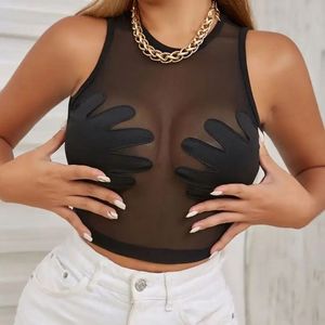 Sexy <b>Women's</b> Sleeveless Knitted <b>Mesh</b> Tank <b>Top</b> with Button Ribbons V-Neck Breathable Streetwear Front Logo Digital Print - Product Image 5