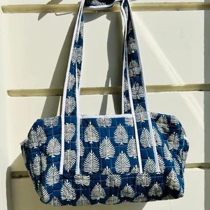 Vintage Cotton Quilted Duffle Bag Big Blue Floral Hand Block Printed High Quality Overnight for Women Best Gift for Special One - Product Image 1