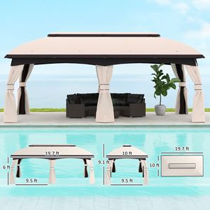 Gazebo da Giardino Beige 3x6m con Tetto Ventilato, Tenda da Esterno con Zanzariera e Tende per Villa, Cortile e Giardino - Product Image 3
