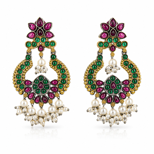 Boucles d'oreilles tendance en laiton plaqué or bicolore et argent oxydé, avec quartz, style Chand Bali, pour femme, cadeau bijoux, vente en gros - Product Image 1