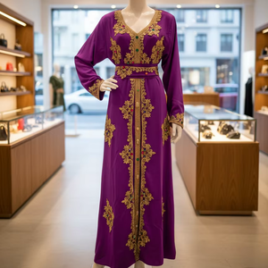 Exquisito Caftán Marroquí Morado Real con Intrincado Trabajo de Bordado a Mano con Hilo Dorado Zari y Cinturón Adornado - Edición de Lujo - Product Image 1