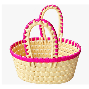 Panier en fibre de banane, panier de rangement en rotin tressé, rond, avec bordure rose, poignées, décoration intérieure pour salon, décoration de Pâques, style rustique durable - Product Image 2