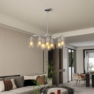 Lampadario Moderno a 9 Luci Stile Industriale Rustico per Sala da Pranzo, Altezza Regolabile, in Nichel Spazzolato e Vetro, per Sospensione Sopra Tavolo - Product Image 1