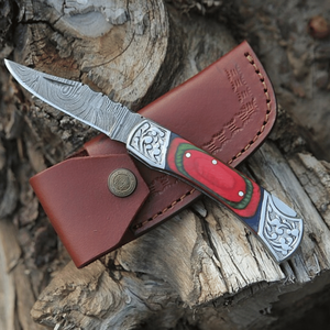 Cuchillo Plegable Multifuncional de Acero de Damasco con Mango de Madera Pakka de Color, Cuchillo de Camping, Set de Regalo, Cuchillo Personalizable OEM/ODM - Product Image 1