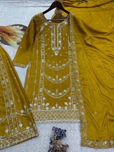 Traje Salwar Kameez Amarillo Bordado, Ropa Étnica Tradicional India y Pakistaní para Mujer, para Bodas y Fiestas - Product Image 4
