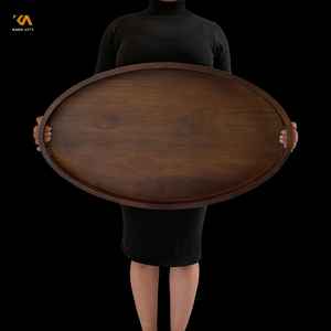 Plateau ottoman en teck fait main, plateau de service ovale en bois avec poignées - Product Image 5