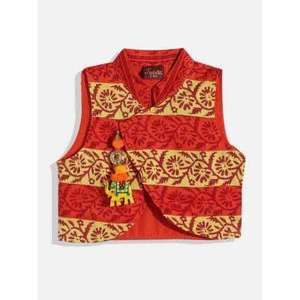 Kurta Amarilla para Niños con Dhoti y Chaqueta, Estampado Completo, Mangas Largas, Estilo Étnico, Poliéster, para Bodas y Fiestas - Product Image 6