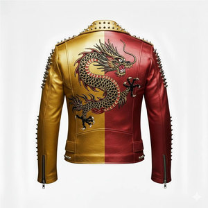 Men’s Gold Red Split Leather Biker <b>Gothic</b> <b>Jacket</b> Dragon Patch Spiked Punk Rock Moto Top Sell - Product Image 2