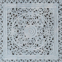 Tête de lit Mandala King Size en bois sculpté, éclairée, hauteur réglable, design artisanal, bleu ciel, mobilier de chambre