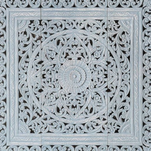 Cabecero de Cama King Size con Mandala Tallado en Madera, Decoración Floral, Acabado Azul Cielo, Juego de 3 Piezas de Arte Mural en Madera - Product Image 3