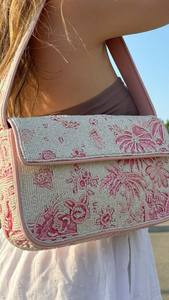 <b>White</b> Pink Floral Sequin Glass Seed Bead Shoulder <b>Bag</b> Canvas Fabric Women Botanical Motif Flap <b>Crossbody</b> Satchel Handbag - Product Image 5