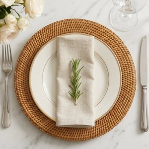 Assiette de présentation ronde en rotin tressé à la main, naturelle et économique, pour la décoration de table, les mariages et les événements - Product Image 1