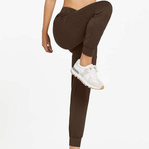 Pantalon de jogging en tricot marron pour femme, taille élastique, taille mi-haute, décontracté, longueur cheville, couleur unie, avec poches - Product Image 4